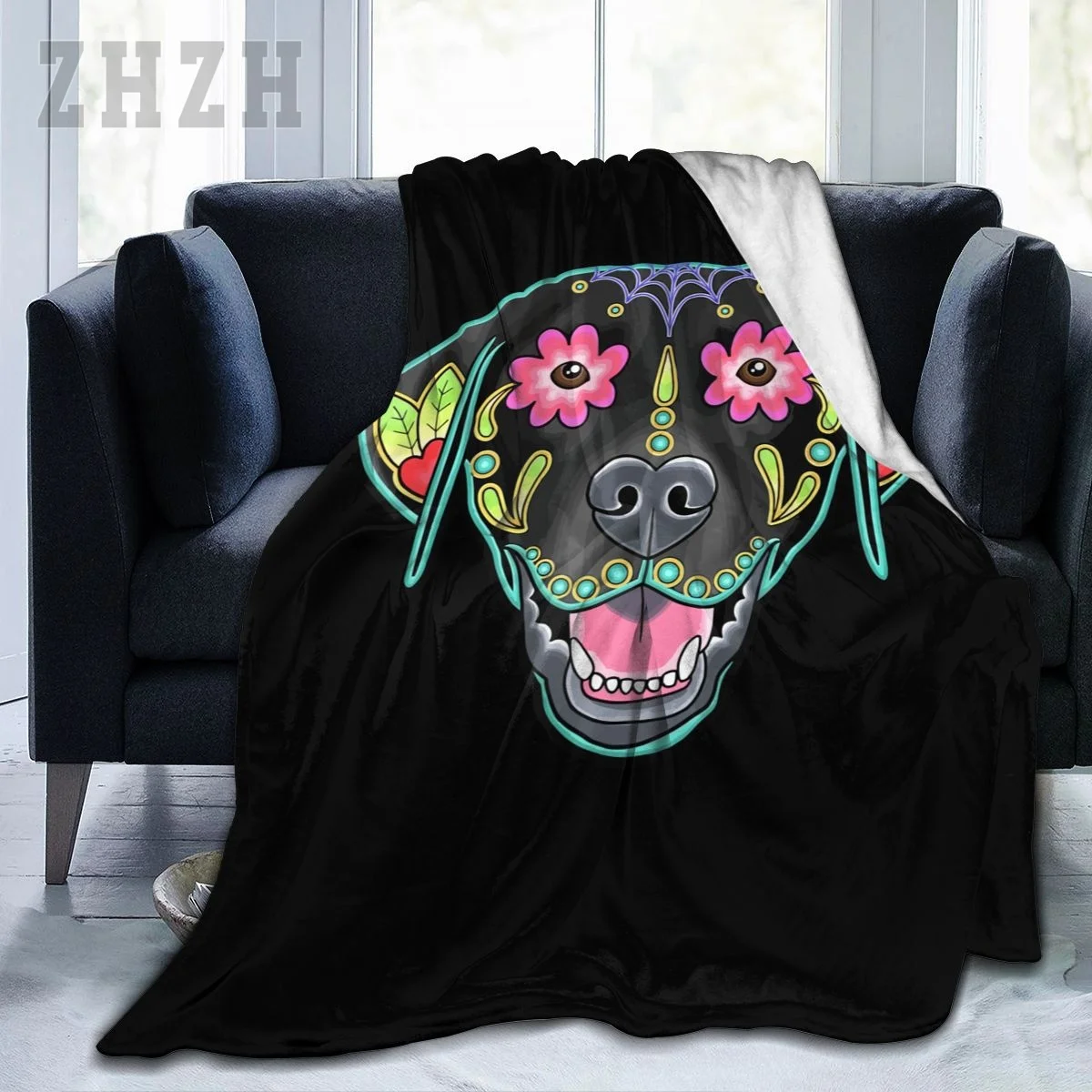 Blanket Black Labrador Retriever Day Of The Dead Sugar Skull Lab Flannel Multifunction Camping Sofa Cover Keep Warm