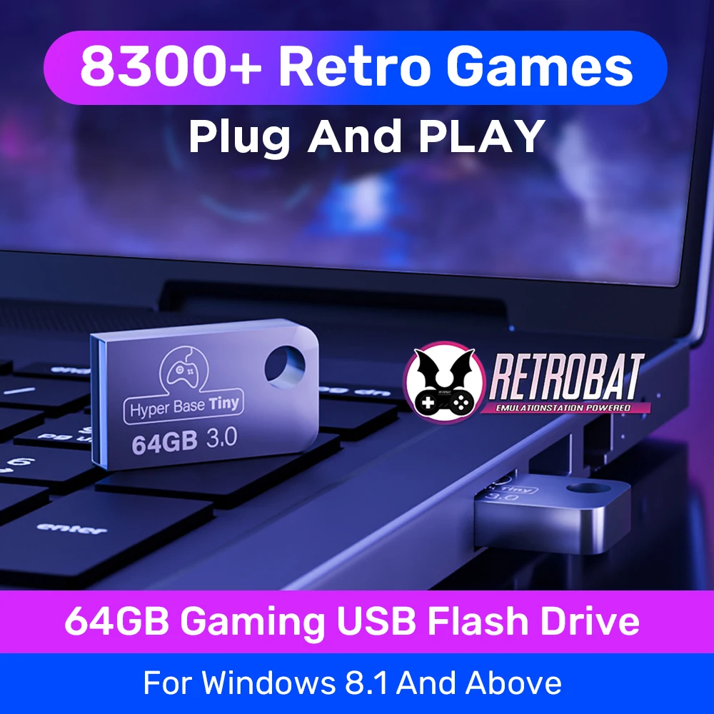 

Retrobat 64G Gaming USB Flash Drive With 8300+ Retro Games Plug&Play Emulators For PSP/N64/SNES Game Consoles For PC/Handheld