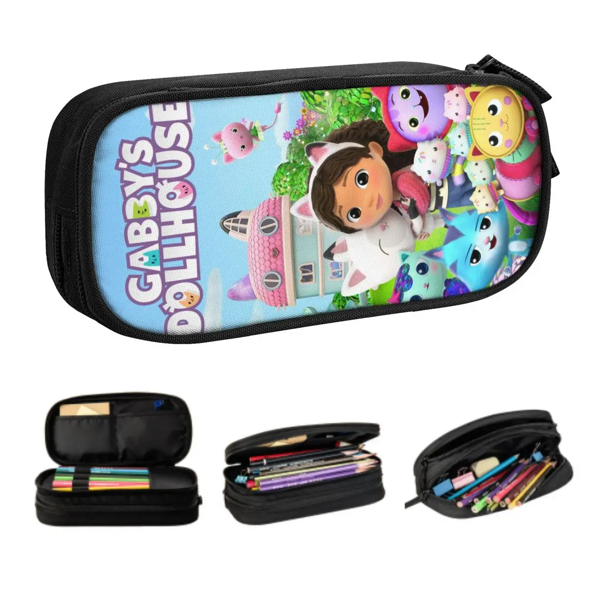 Korean Gabbys Dollhouse Pencil Case for Boys Gilrs Custom Cartoon Mermaid Large Capacity Pen Box Bag Stationery