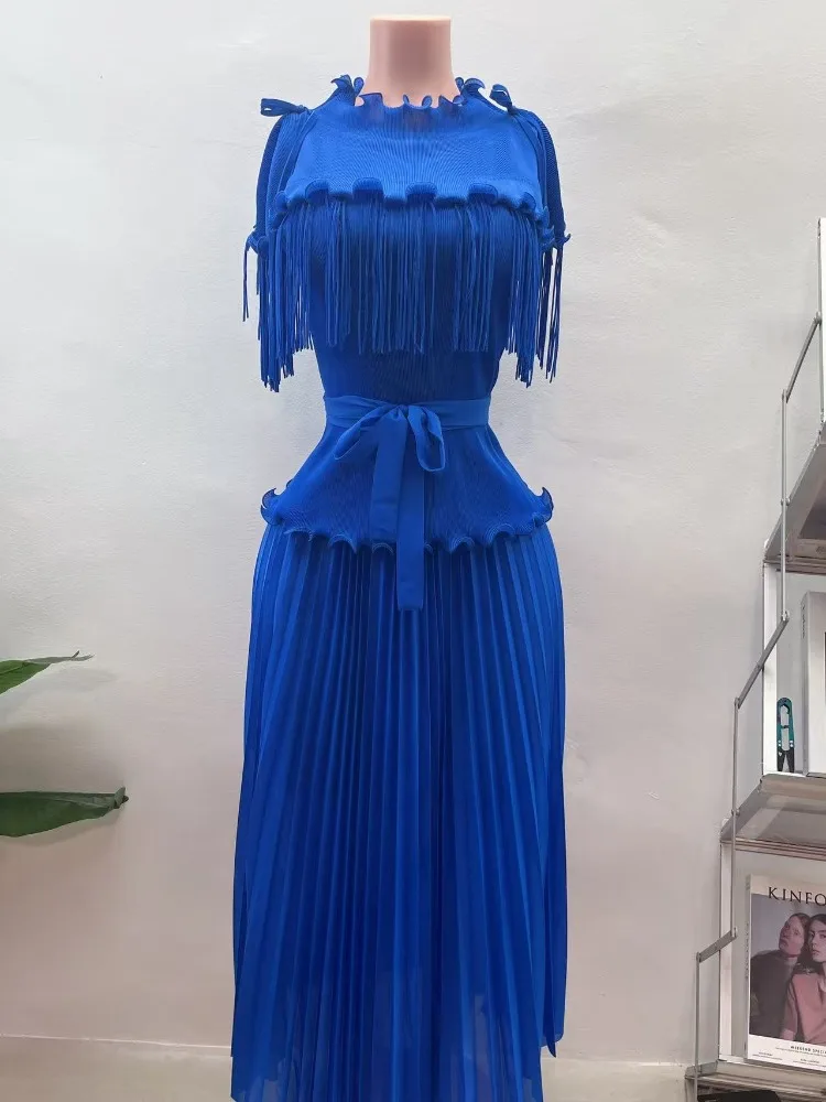 Miyake Fungus Edge Pleated Long Suit Fringed Waist Top Spring and Summer New Light Luxury Women's Two-piece Set