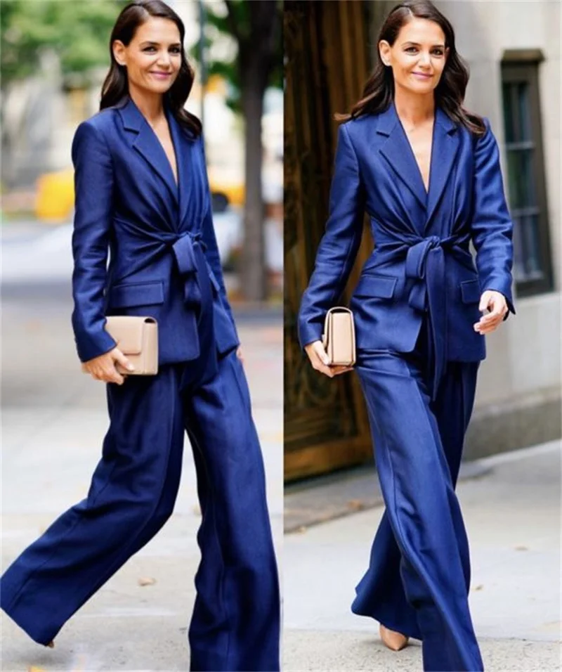 Elegant ซาตินผู้หญิงชุดสูท Blazer กางเกง2 Pcs Blue อย่างเป็นทางการสำนักงาน Lady Coat แจ็คเก็ตที่มีเข็มขัดทำจากแม่ของ Prom ชุด