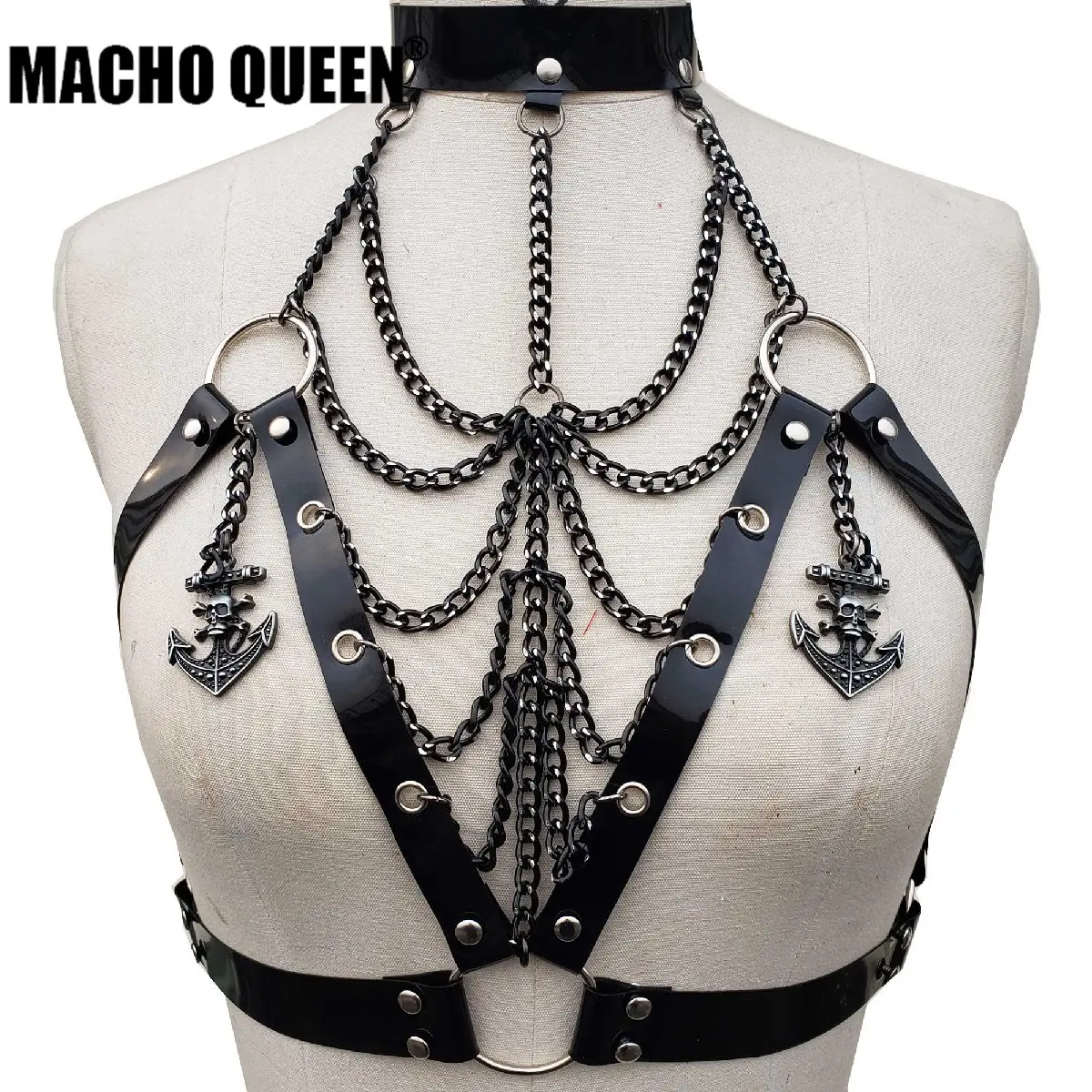 

Handmade Gothic Clothes Shinny Black Latex PVC Vinyl Chain Chest Harness Top With Choker Goth Fashion Fetish Clothing Costumes