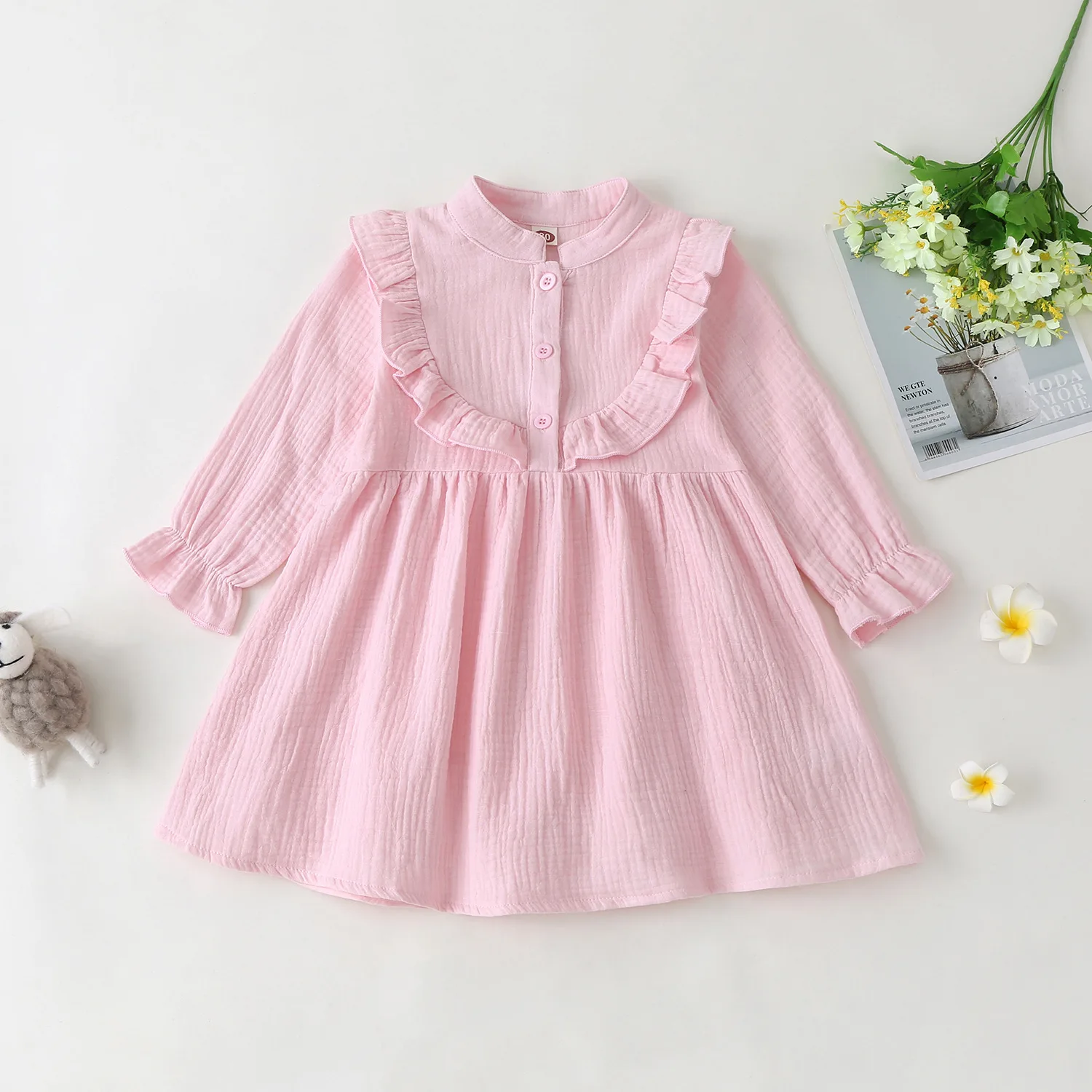 2022 spring and autumn girls' solid color Ruffle elastic long sleeve Korean dress girls clothes  kids dresses for girls