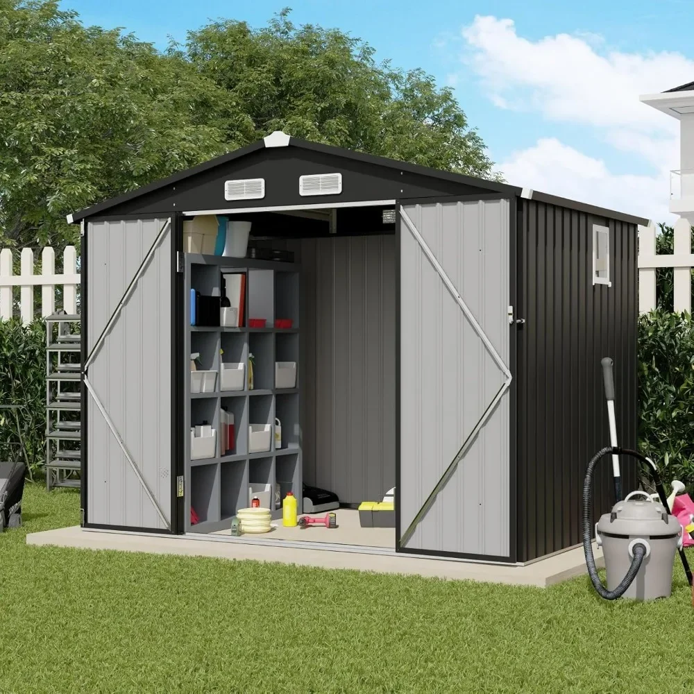 8'x6' Outdoor Storage Shed, Galvanized Metal Steel Garden Shed with Upgrade Window, Double Door W/Lock