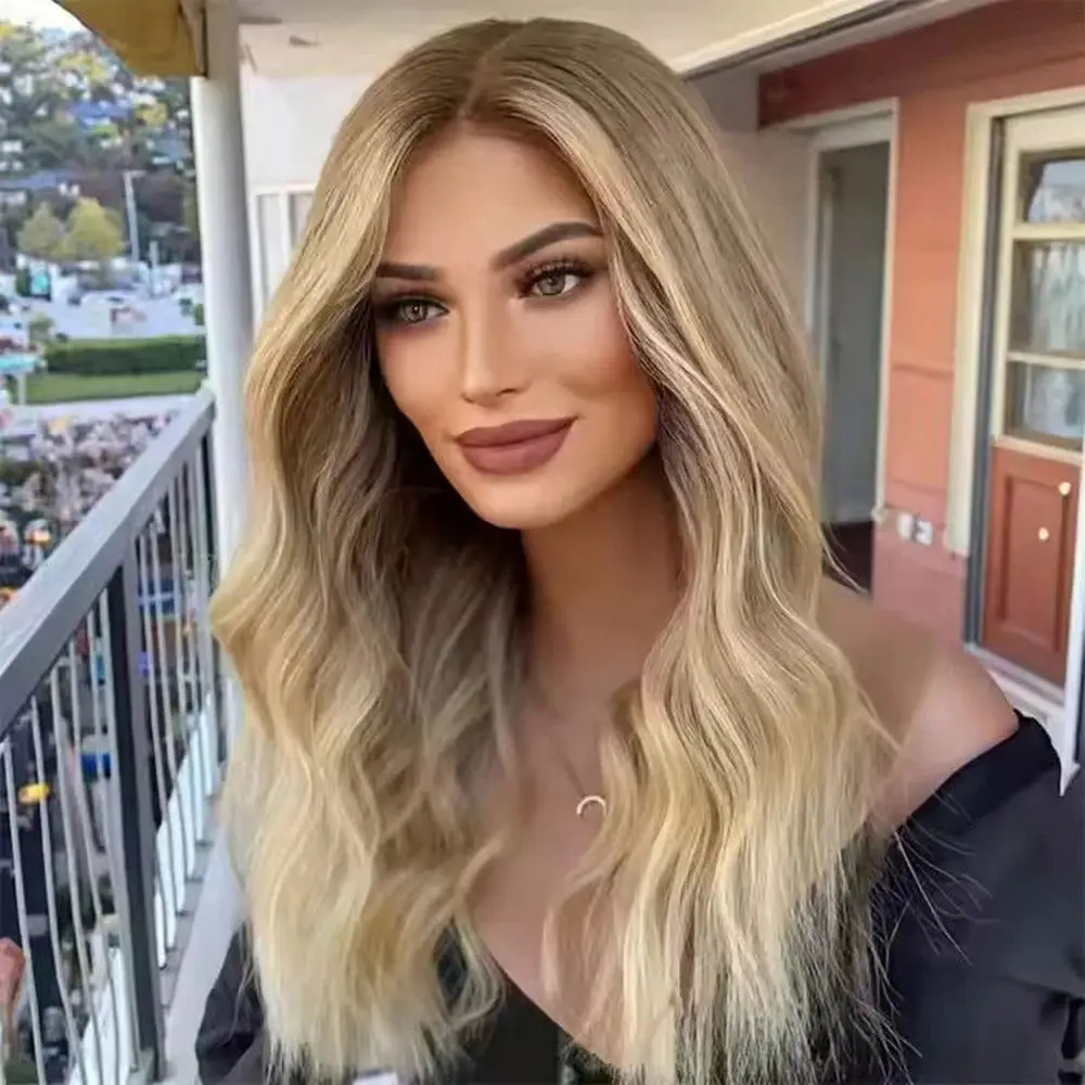

Realistic Look Highlight Deep Wave Synthetic Lace Top Wigs Honey Blonde High Definition Wigs With Dark Roots Daily Costume Woman