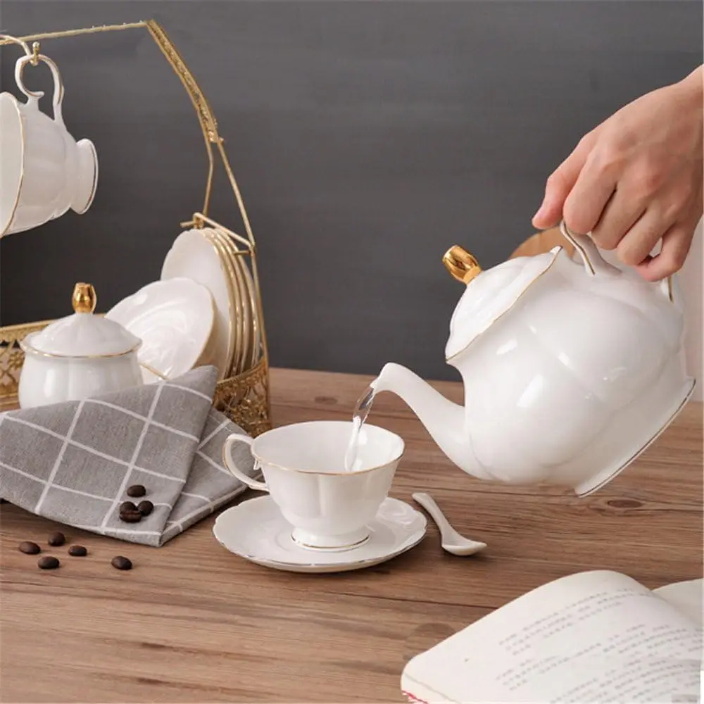 15-Piece Simple White English Ceramic Tea Set, Tea Pot, Bone China Cups Without Metal Holder, Matching Spoons, Afternoon Tea Set and Coffee Service Set
