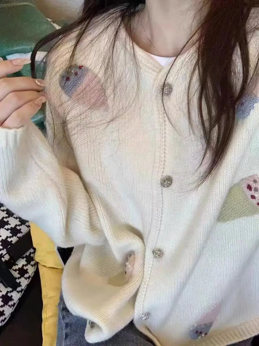 

Новый возрастной маленький повседневный короткий вязаный кардиган, свитер, милый дизайн, вязаный кардиган с вышивкой мороженого, женский осенний кардиган