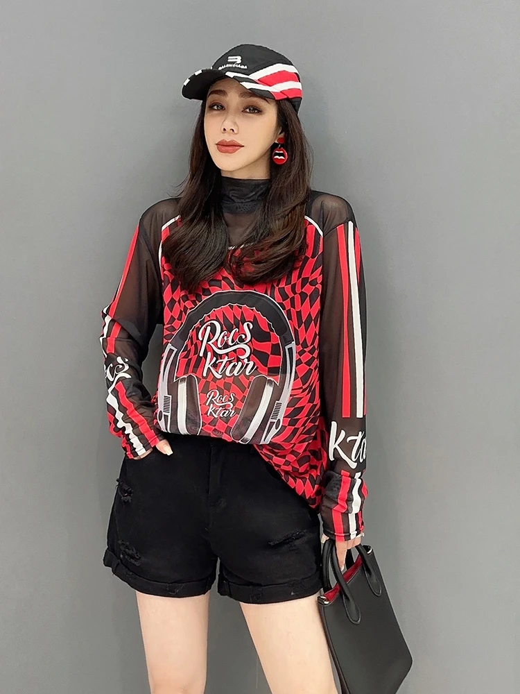 Vefadisa Red 2024 Autumn New Printed Patchwork Women T-shirt Turtleneck Long Sleeve Gauze Base Top Fashion All-match Top ZXY731A