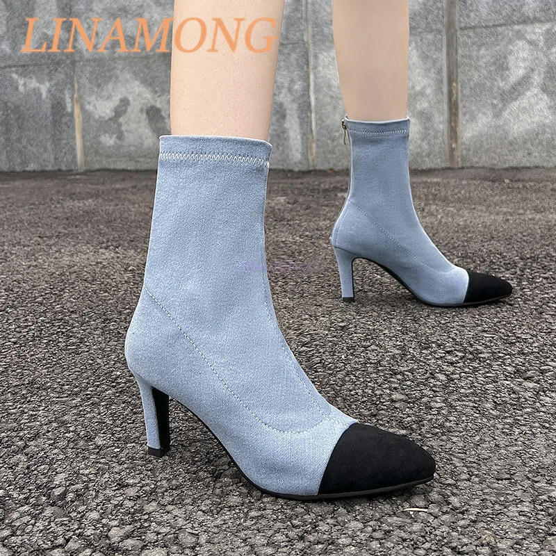 

Denim Stretch Boots Color Blocking Slim High Heels Fashionable Minimalist Style Pointed Back Zipper Design Mid Length Boots