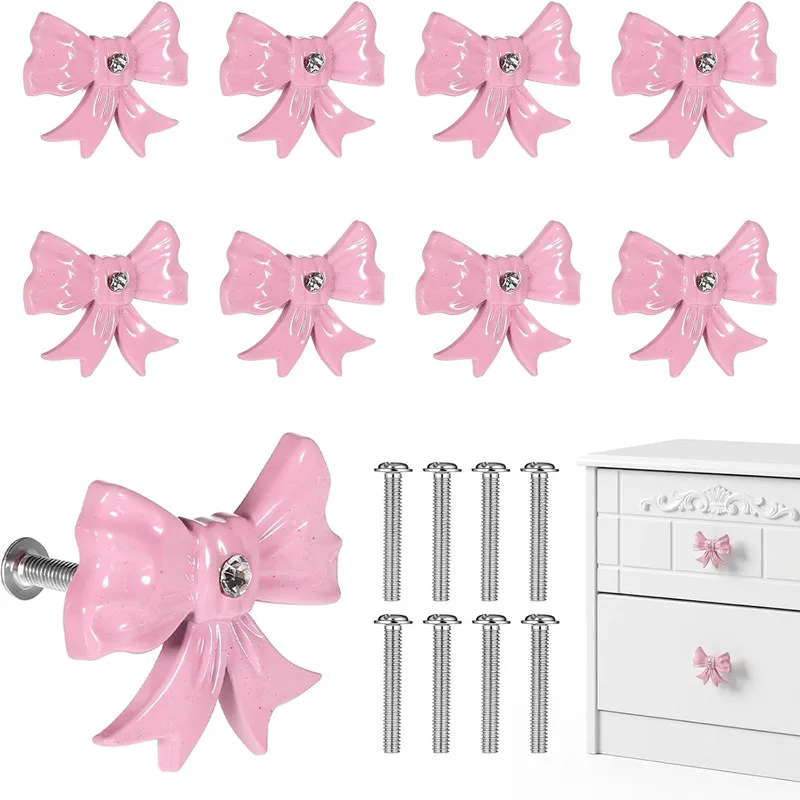 

10 шт. розовых ручек-бантиков из цинкового сплава, милые винтажные металлические ручки для декора спальни, рабочего стола, гардероба, комода