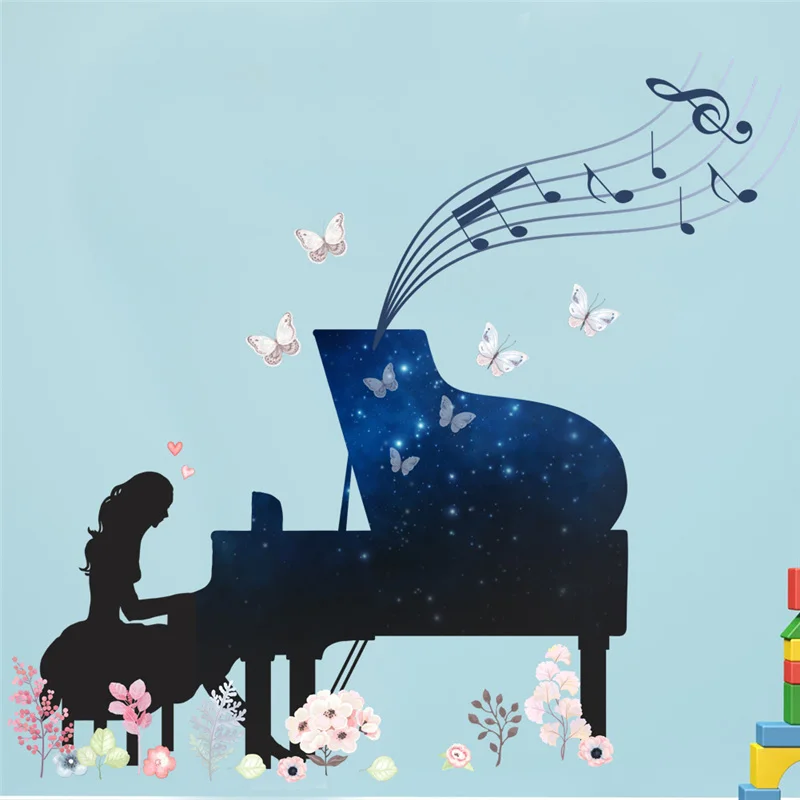 A Girl Playing Piano With Flowers Butterfly Wall Sticker Decal For Kids Room Home Decoration Music Theme Wall Mural Art Poster