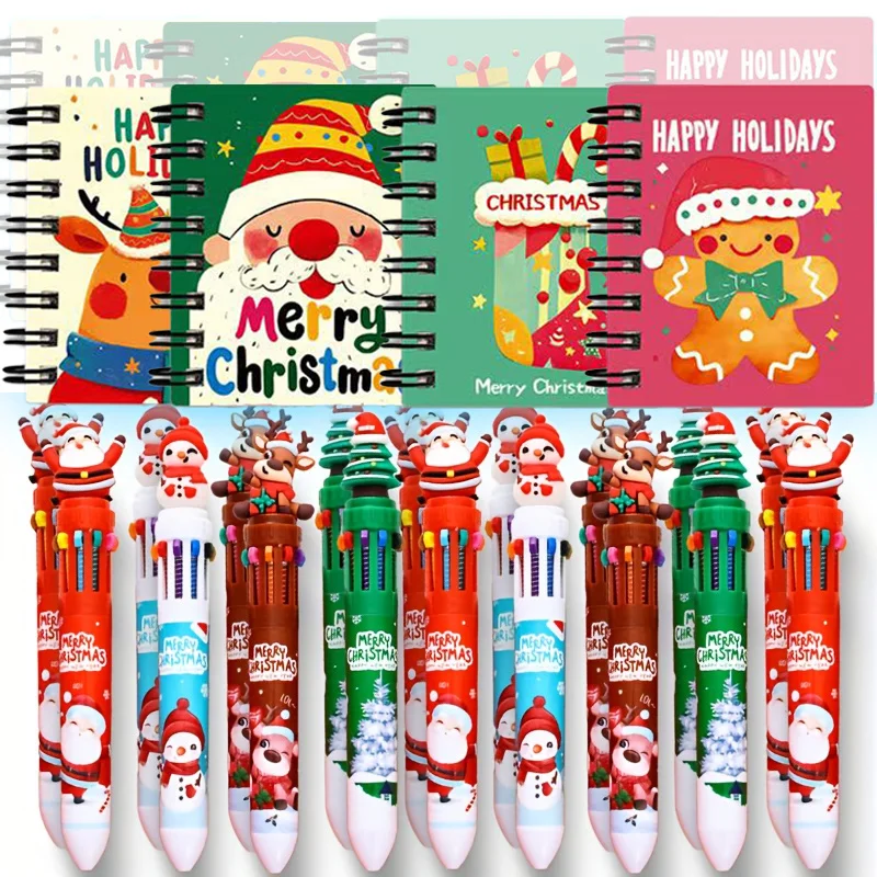 10pcsCreative Cute Holiday Christmas Colorful Ten-Color Ballpoint Pen，Plastic retractable fine point pen，Random Style，5Pen+5A no