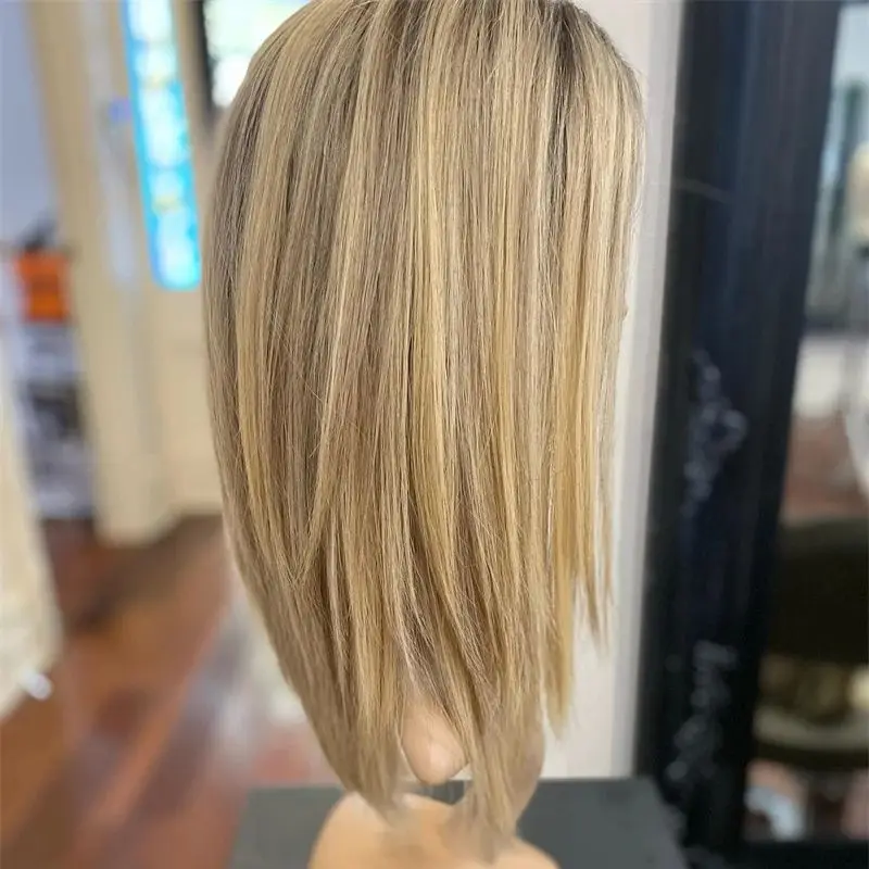 Ombre blond syntetyczny krótki prosty Bob HD przezroczysta koronka przodu peruka włókno termoodporne peruki z włosów wstępnie oskubane linia włosów 14 ''