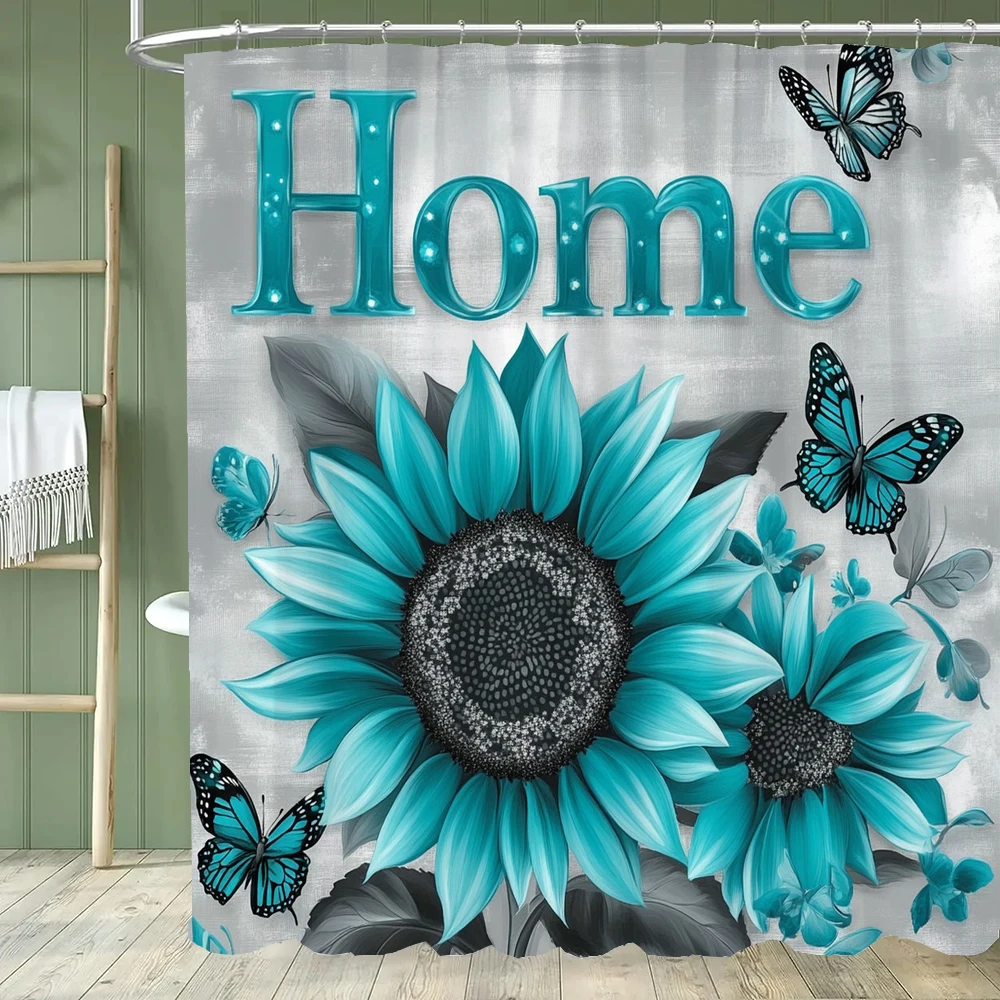 

Blue Sunflower Flowers and Butterflies Shower Curtain Partition Hanging Curtain with Hooks Washable Home Decoration Curtain