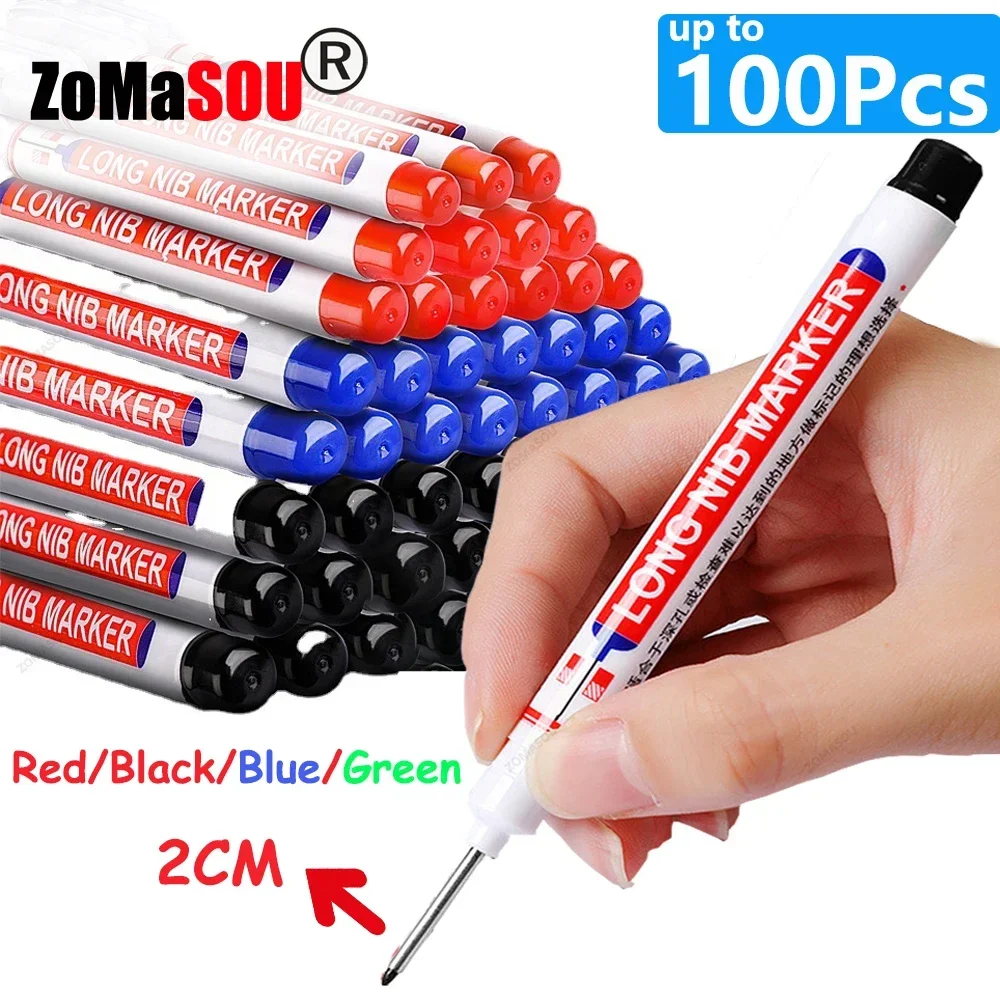 Rotuladores de cabeza larga impermeables de 2cm, rotulador de Agujero profundo para carpintero de Metal, herramientas de carpintería de tinta roja/negra/azul/verde, 1-100 Uds.