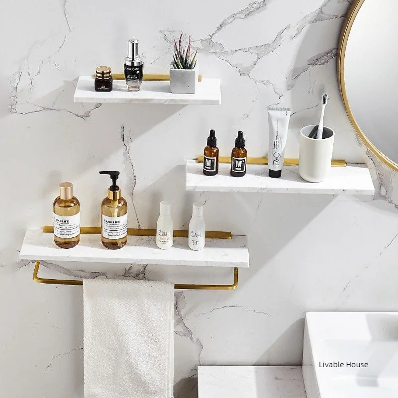 Luxury Golden Metal Towel Rack White Marble Bathroom Storage Shelf Wall Bathroom Mirror Front Cosmetic Storage Rack Metal Shelf