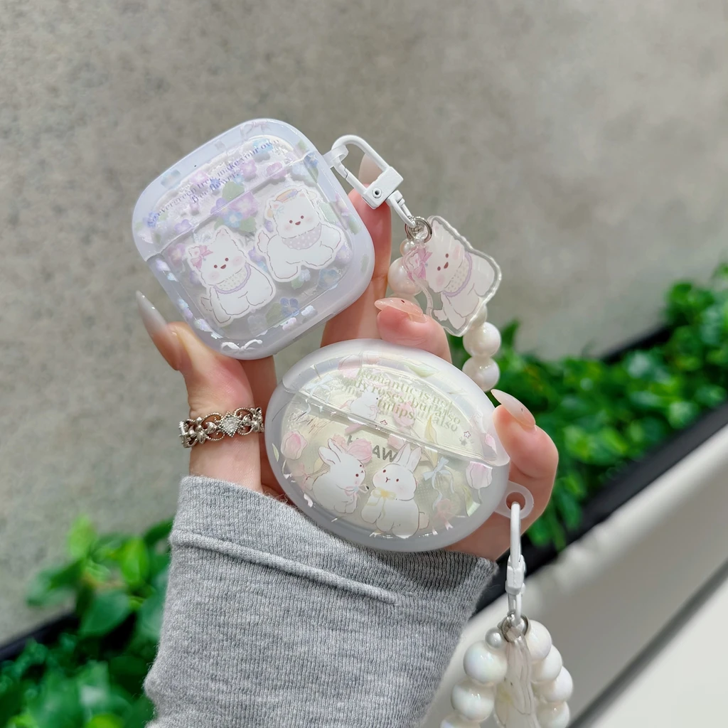 Minimalistische Blumen-Hasen-Welpen-Hülle mit Perlenkette Anhänger Kopfhörer-Schutzhülle für Huawei Freebuds SE2 SE3 SE4 5i 6i FreeClip 2 Pro 3