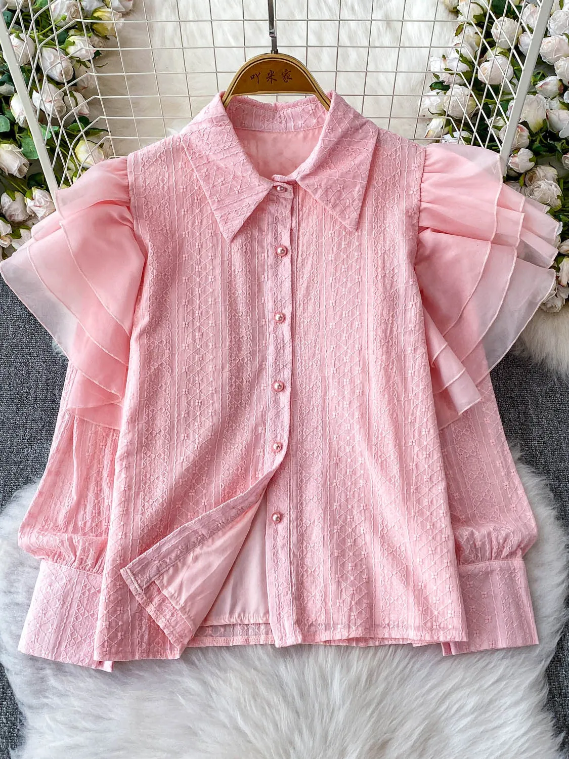 

Gentle Blue Collar Women's irt Summer Faionable Youthful Lace Splicing Long Sve Top Korean Sle Loose Fit