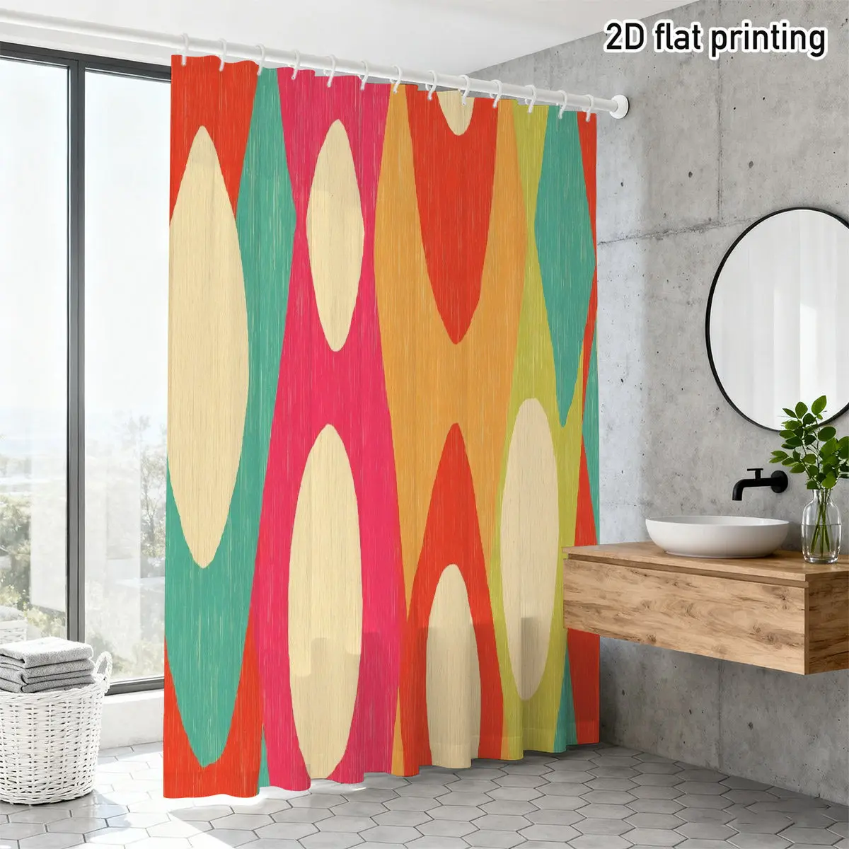 Ikat Geometric Shower Curtain 72x72 Polyester Washable – Curved Neutral & Multicolor Lines on Grey Textured Background, 12 Hooks