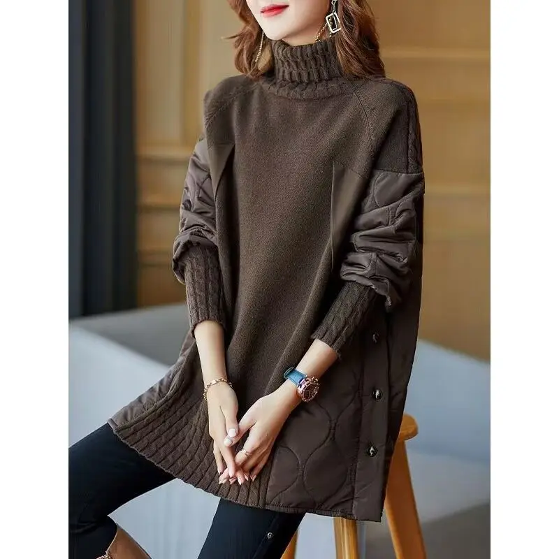 Women Autumn Winter Korean New Trendy Temperament Turtleneck Pullover Sweater Solid Button Spliced Versatile Midi Length Tops