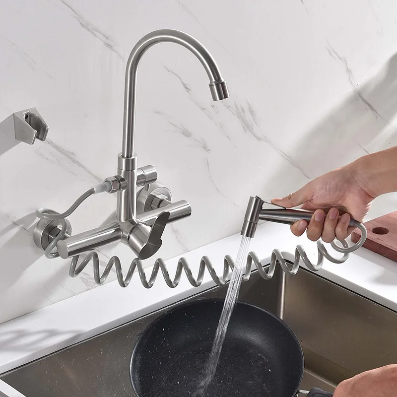 

Brushed Nickel Wall Kitchen Sink Faucet with Bidet Sprayer Shower Head Stainless Steel Swivel Dual Hole Cold Hot Water Mixer Tap