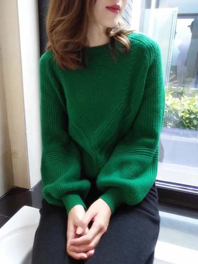 Maglione in puro Cashmere da donna, fascia alta, girocollo, sciolto, addensato, fondo verde retrò, inverno, 100