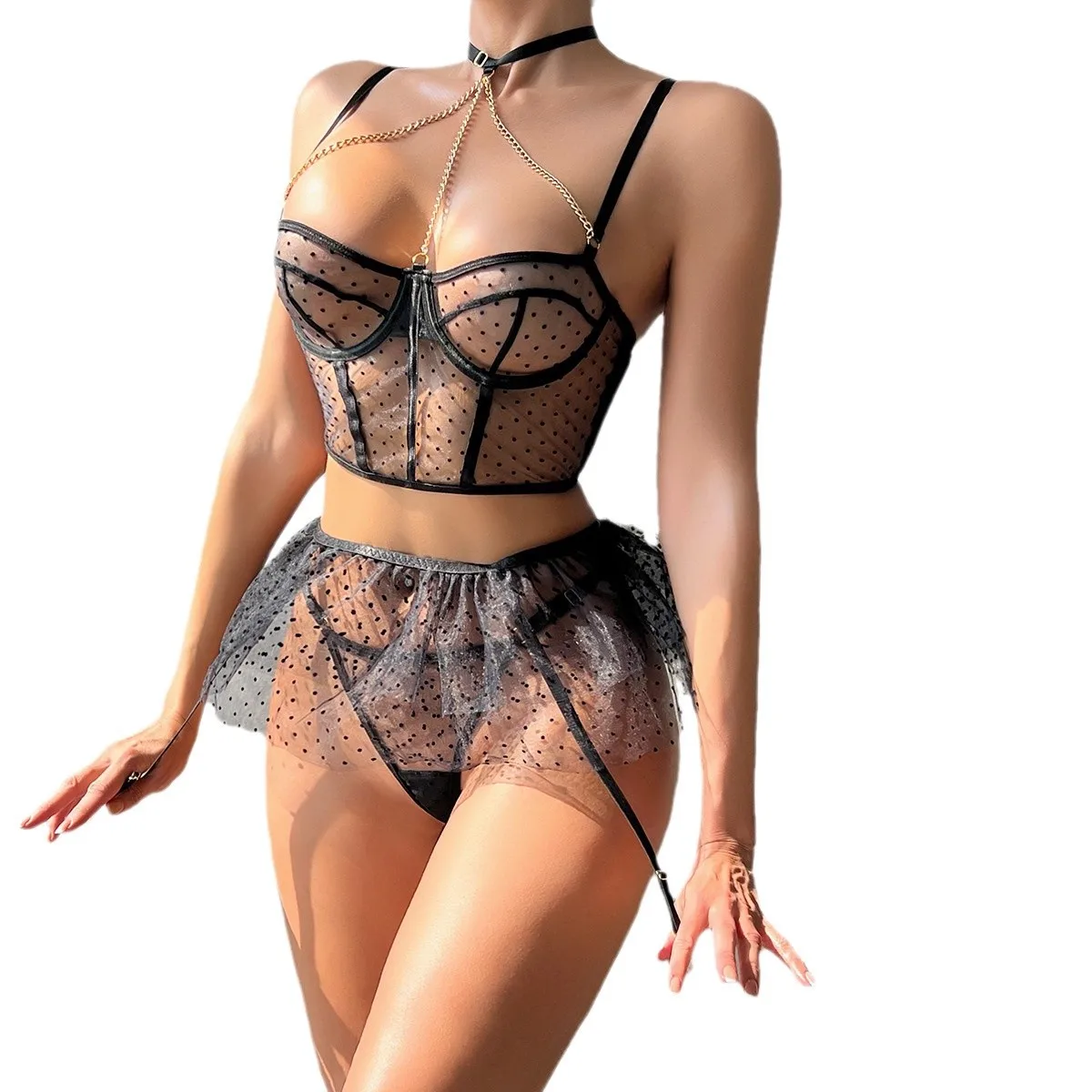 Polka Dot Sexy Unterwäsche Dreiteiliges Set Eng anliegende Sexy Kette mit Stahlring Perspektive Damenunterwäsche