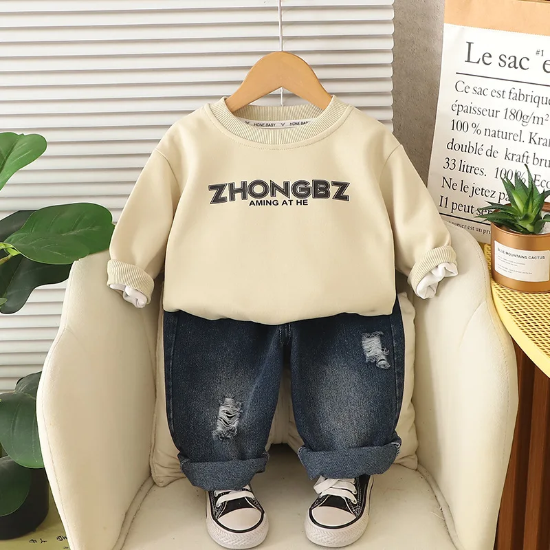 

Kids Boys Outfit 2025 Autumn Baby Boy Clothes 1-5T Letter Printed O-neck Pullover Tops and Jeans Two Piece Set Children's Suit