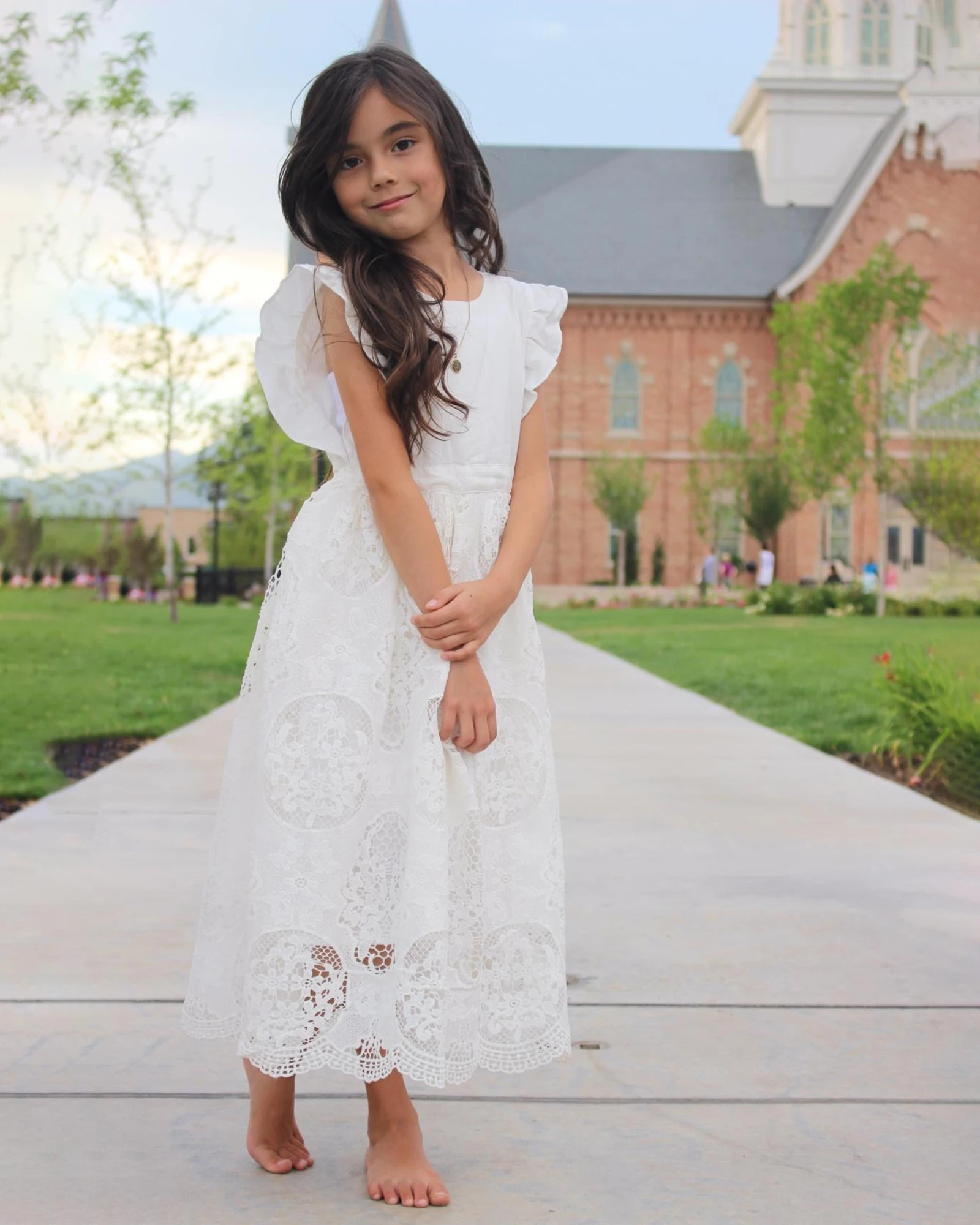 Flutter Sleeves Lace Flower Girl Dress Children First Communion Princess Gown Wedding Party 2-11Y