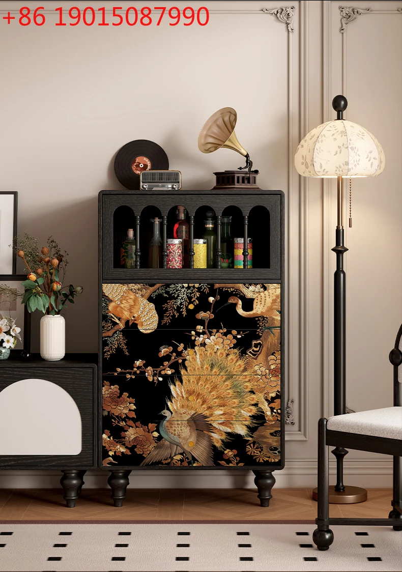 

Chinese style peacock open screen solid wood four chest cabinet living room dining side cabinet storage storage integrated