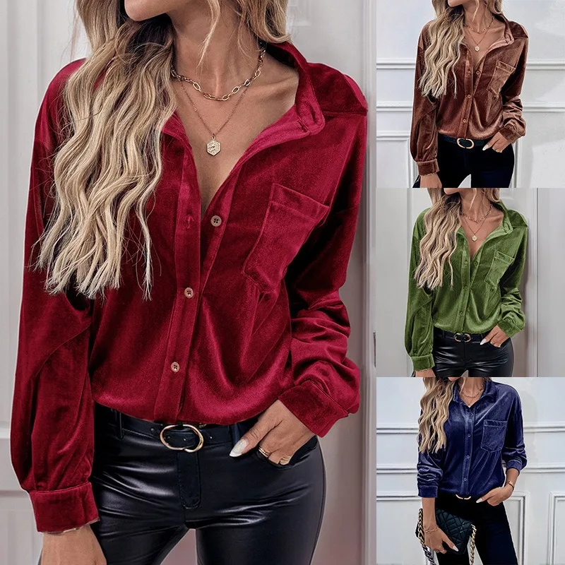

Женские классические рубашки с длинным рукавом на пуговицах Модные повседневные бархатные топы Свободные уличные рубашки для свиданий Деловая работа Офисные осенние блузки