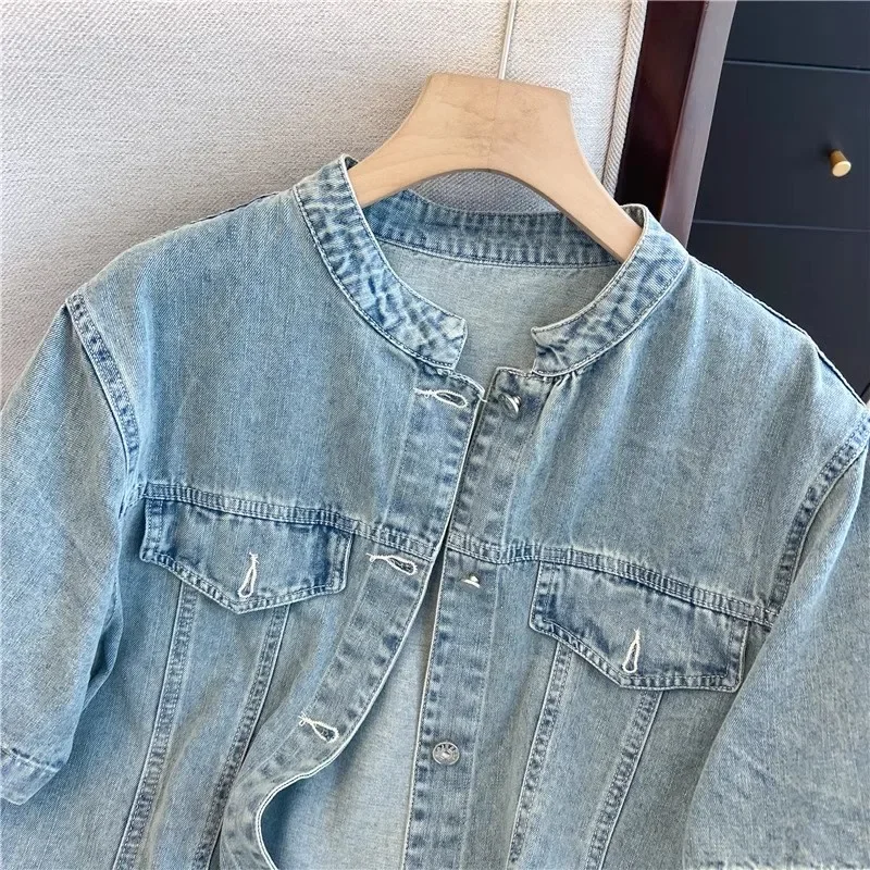

Spring Summer Lace Patchwork Thin Short Denim Jacket Stand Collar Single-Breasted Short Sleeve Jeans Jacket Female Basic Coat