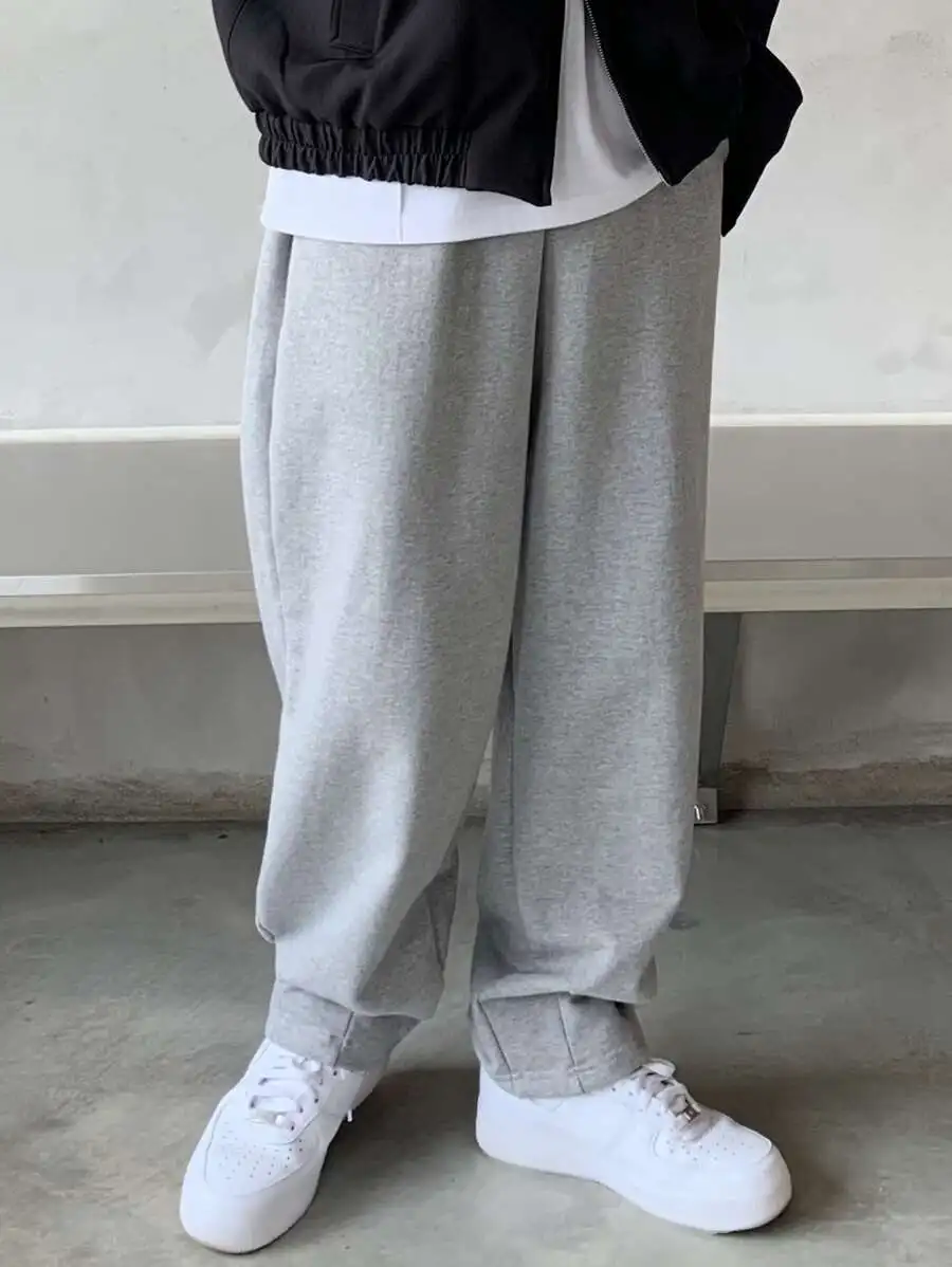 

Mens Gray Solid Color Loose Straight Fit Casual Sweatpants With Side Pockets
