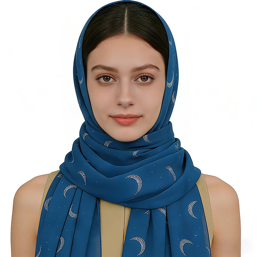 

Шифоновый платок с 26 цветными стразами Hot-Fix в форме луны, универсальный шарф в этническом стиле, 70x170 см, исламский хиджаб, мусульманская модная одежда