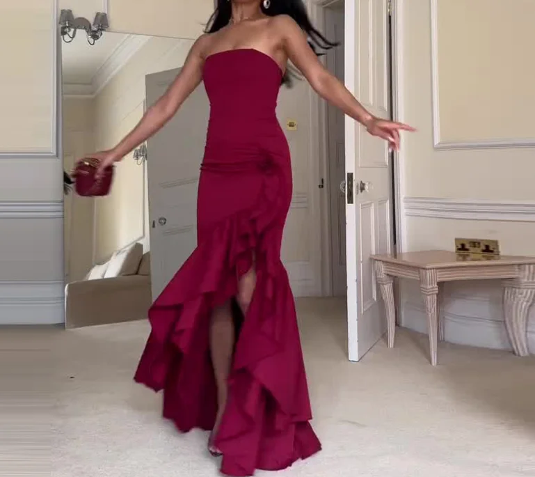 Elegant Design Pleated Fish Tail Long Skirt for Summer, Elegant and Sexy Strapless and Waist Cinching Pleated Slim Fit Dress