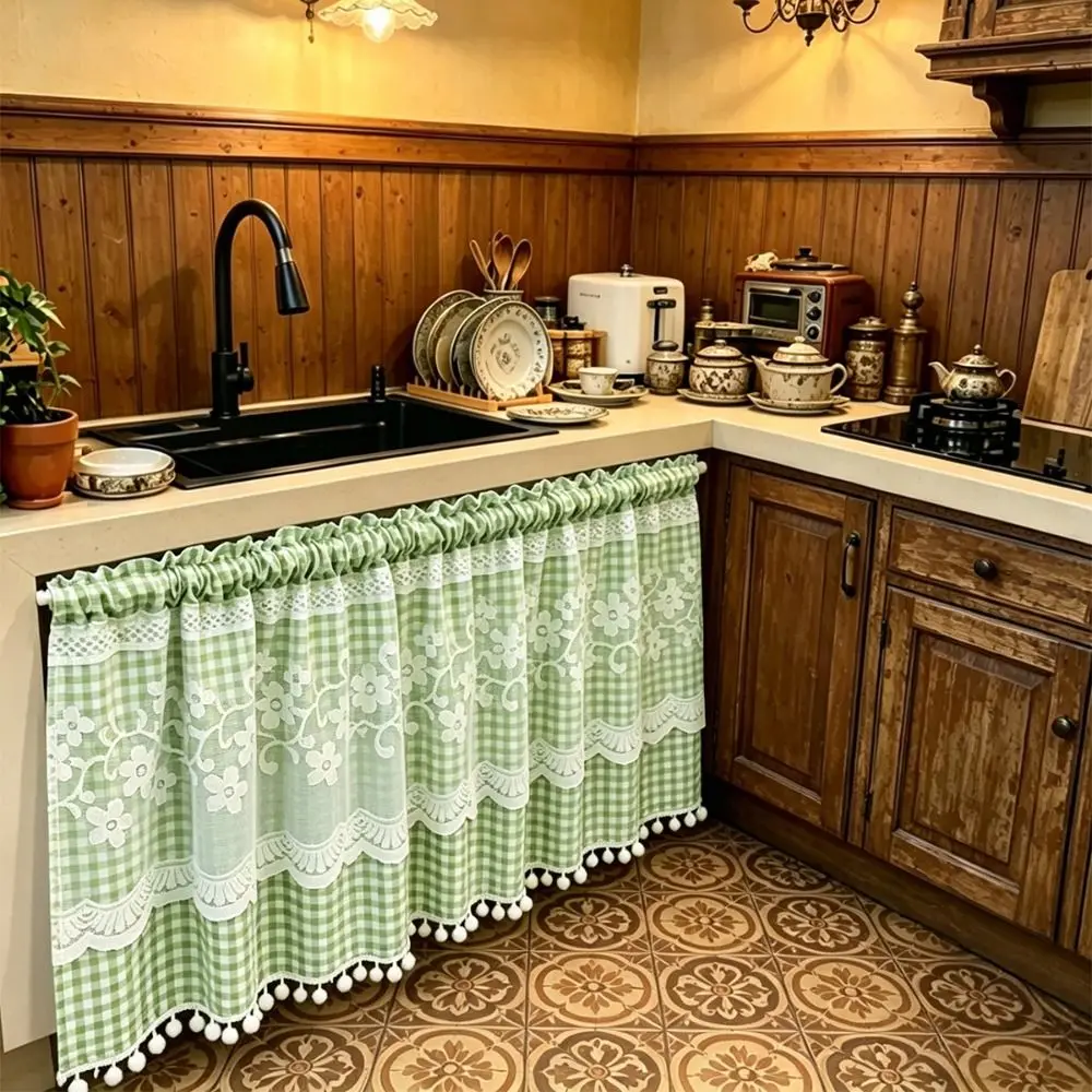 Decorative Lace Trim Oven Skirt Curtain Vintage Rustic Dishwasher Cover Gingham Pattern Stove Cover Home Decor