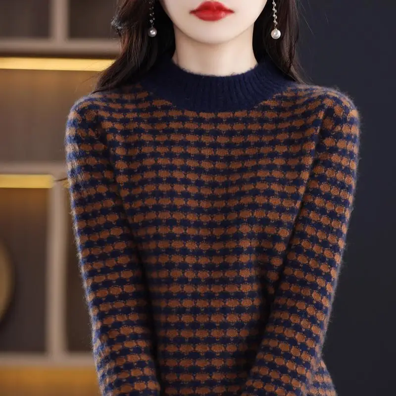 Fashionable Half High Collar Plaid Sweater Women's Loose Thick Autumn and Winter Casual Long Sleeved Pullover Knited Bottom Tops