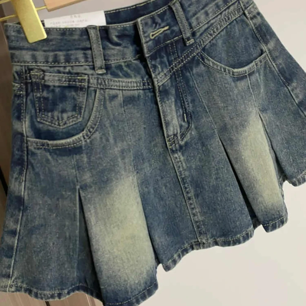 

Fashion Women High Waist Denim Skirts Summer 2025 New Trendy A-line Pleated Jean Skirt Girls Slim Retro Blue Short Skirt