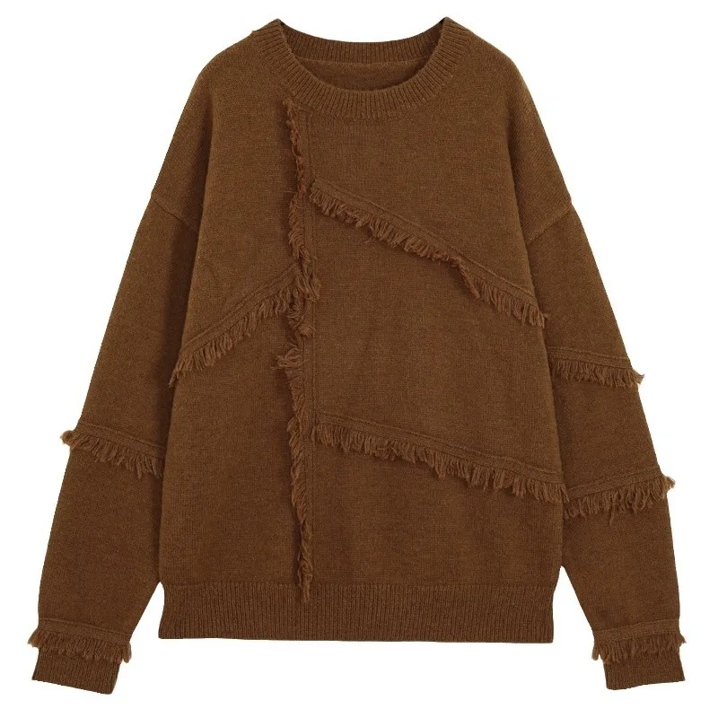 

2024 New Loose Fitting Pullover Knitted Sweater for Women, Long Sleeved Top with Trendy Tassel Design, Fashionable Sweater