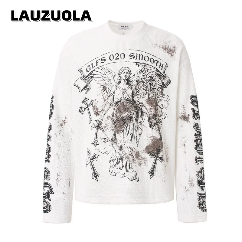 Men Waffle Knit Long Sleeve T-shirt Vintage Distressed Angel Cross Gothic Print Oversized Streetwear Pullover Tops