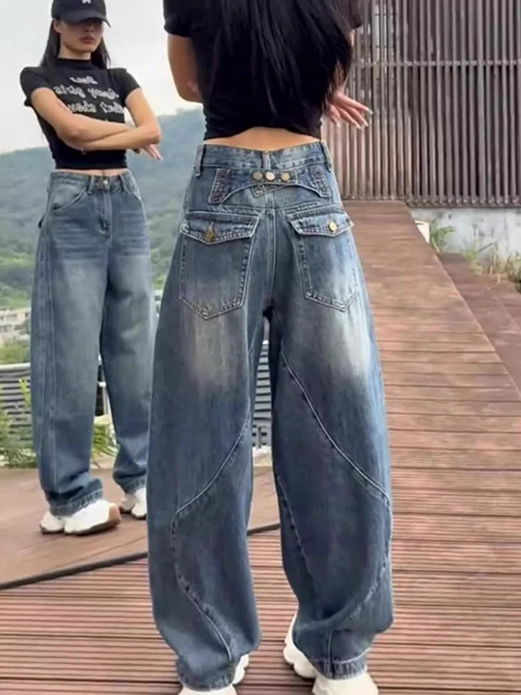 

Женские свободные джинсовые джинсы, брюки с асимметричными карманами на пуговицах, повседневные джинсовые брюки в стиле Харадзюку в стиле гранж, джинсы для женщин