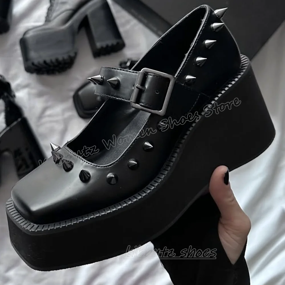 

Rivets Mary Jane Pumps Square Toe Wedges Leather Solid Color Buckle Strap Fashion Elegant Concise Luxury Sexy Women Shoes Newest