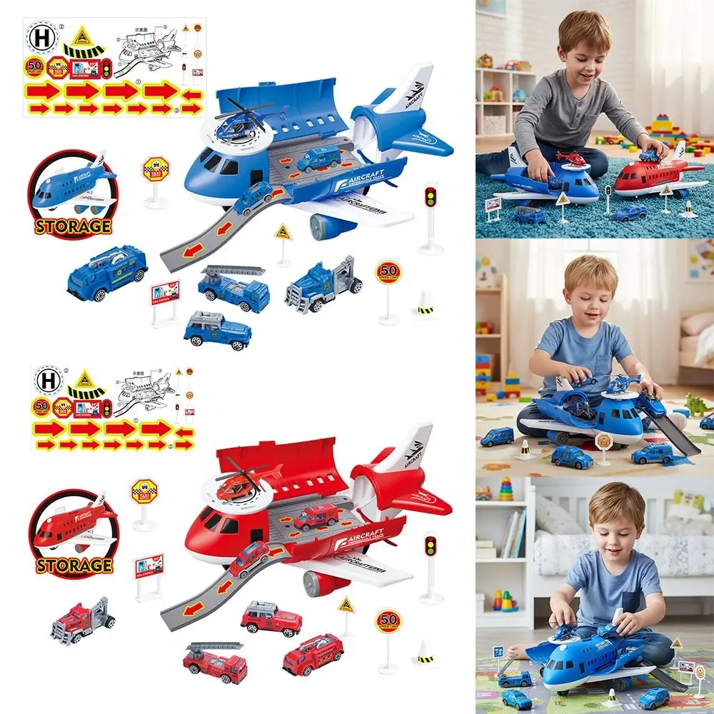 빨간색 파란색 관성 레일 비행기 장난감 변형 가능한 트랙 랜덤 자동차 시뮬레이션 항공기 모델 도로 표지판 헬리콥터