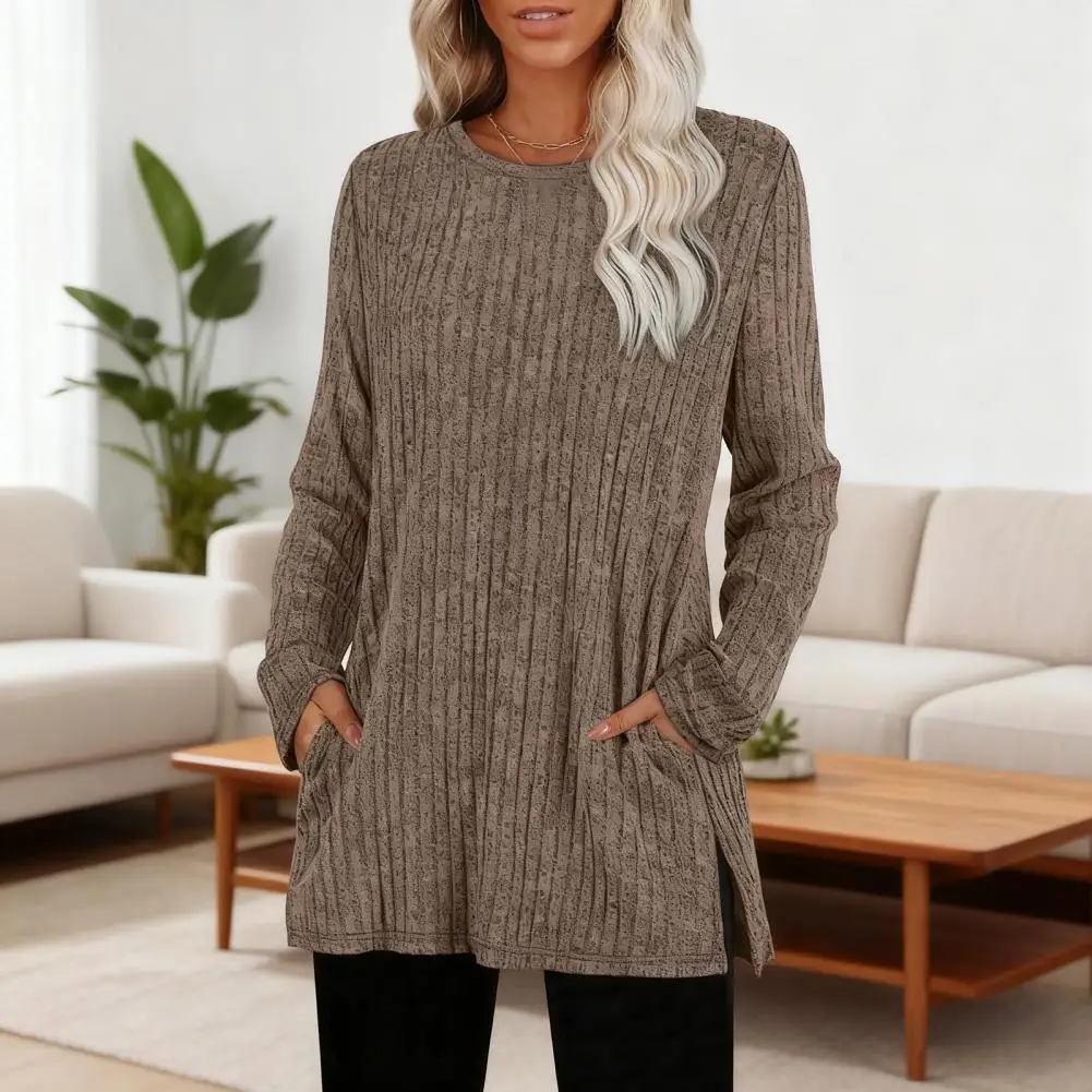 المرأة محبوك بلايز مخطط البلوزات أنيق المرأة تونك القمم مع جيوب جانبية كم طويل بلوزة متماسكة مخطط الشتاء لخريف