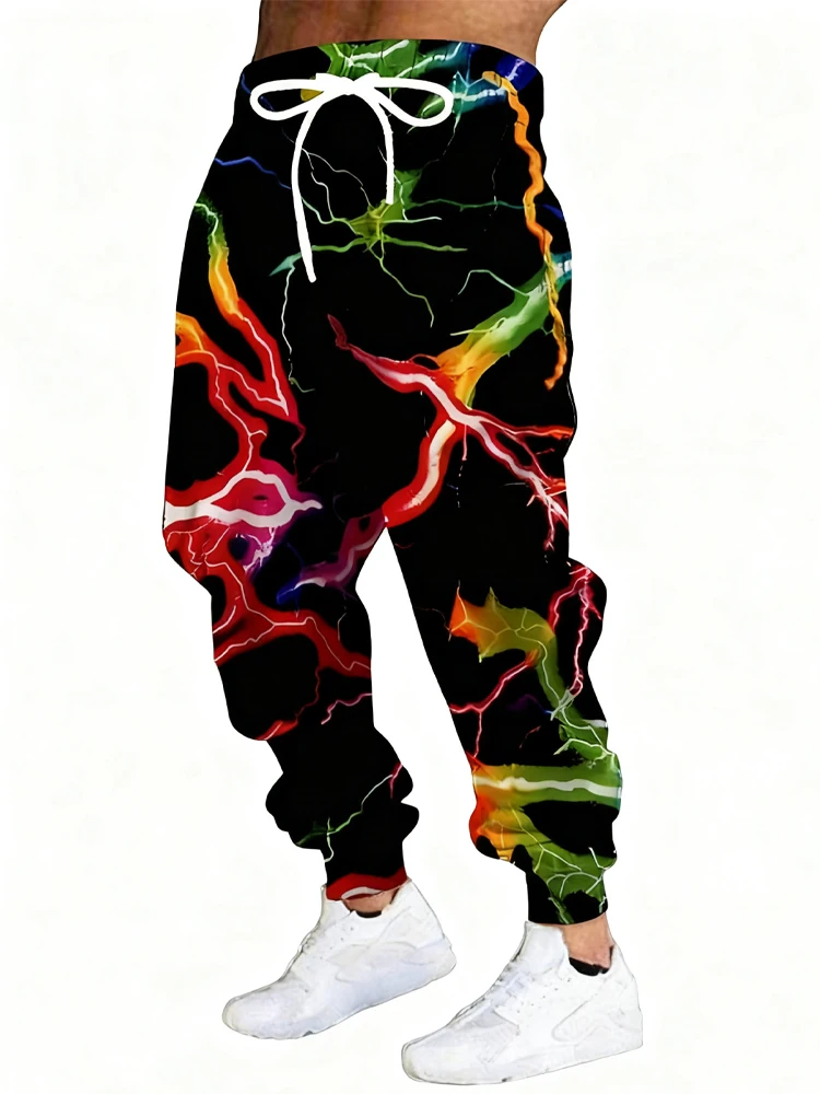 

New Men's 3D Lightning Print Casual Pants Outdoor Breathable Athletic Pants Stylish Drawstring Streetwear Trousers Mens Cuffed P