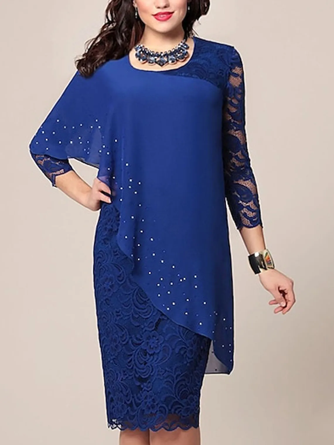 

Elegant A-Line Mother of the Bride Gown Classic Knee Length Chiffon Lace 3/4 Sleeve Scoop Neck Beading Gown 2025 free customized