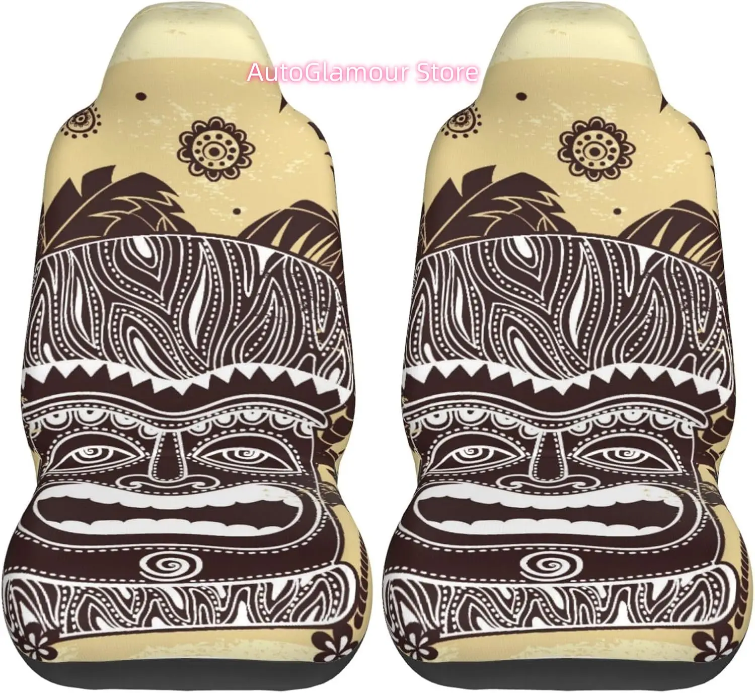 Tiki Mask Figure Palm Trees Ornate Flowers Sunny Summer Universal Car Seat Covers 2-Piece Set - Stretch-to-Fit Front Seat Protec