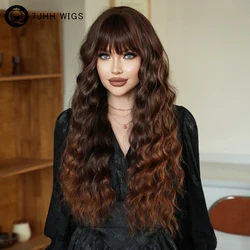 7JHH WIGS Long Loose Curly Wave Copper Wigs with Neat Bangs High Density Synthetic Layered Brown Hair Wigs for Women Daily Use