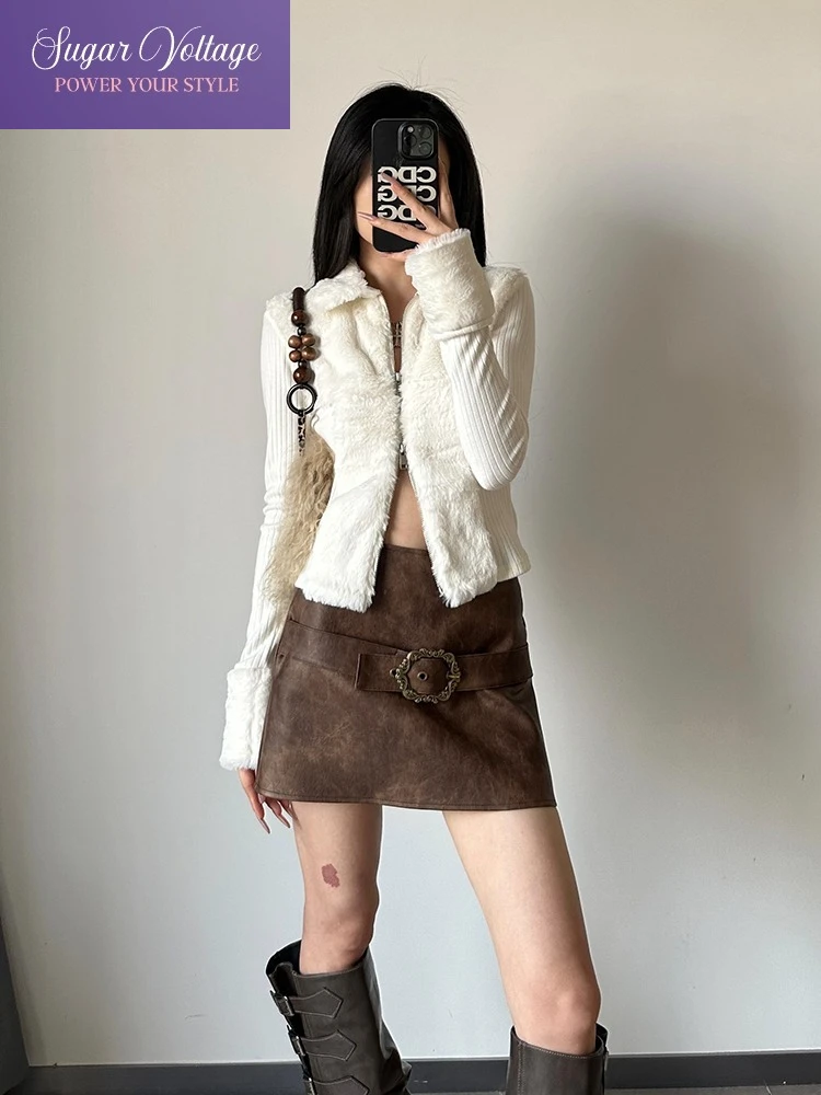 Vintage Elegant Jacket Women Autumn Winter Zip Up Cardigan Fur Trim Lapel Slim Fit Knit Top Korean Fashion Chic Stylish Outfit