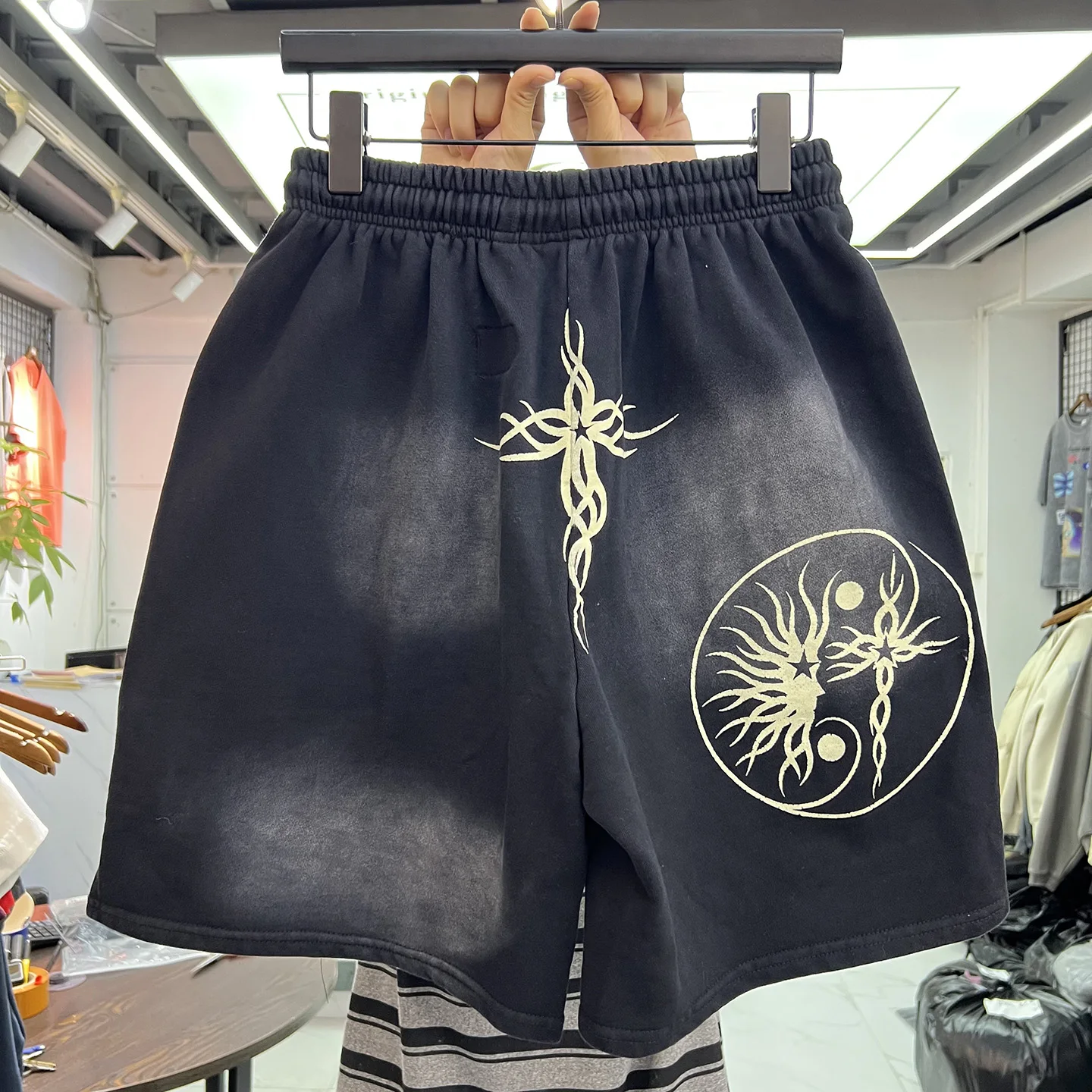 American Street Style Heavy Washed Vintage Print Drawstring Casual Pants Summer Loose Men Women Shorts Trendy Cotton Shorts